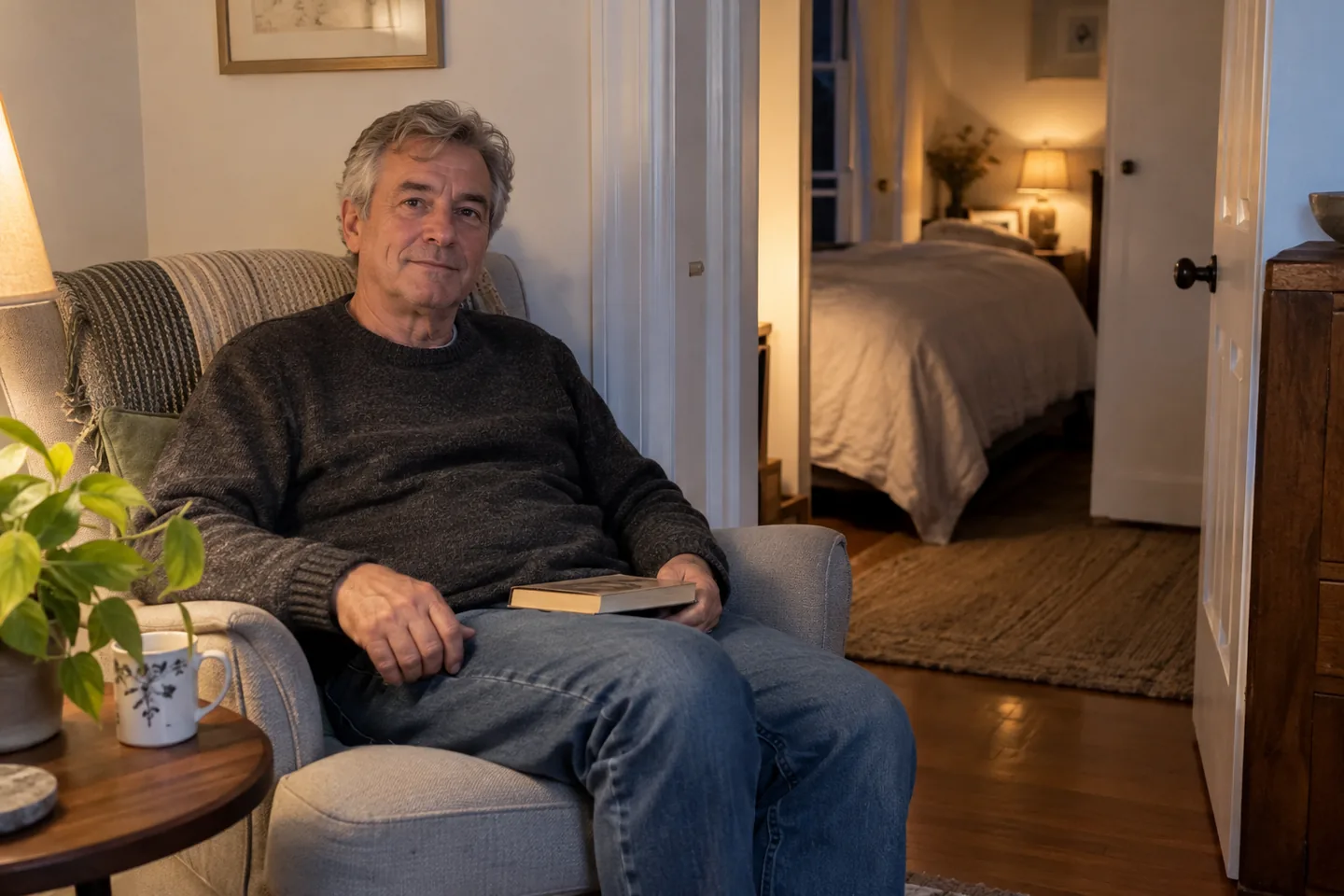 Homme aux cheveux gris assis dans un fauteuil, un livre fermé sur les jambes.