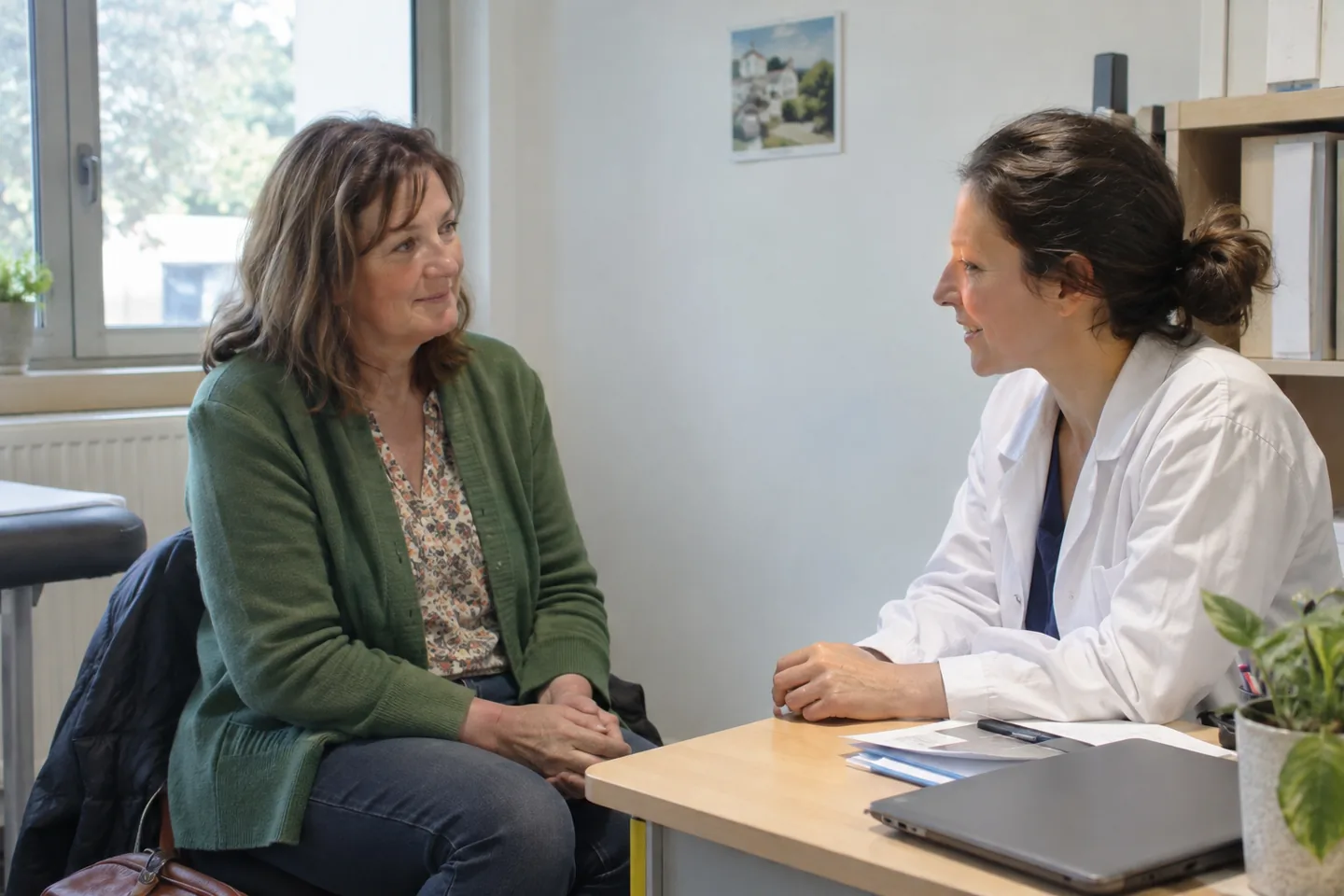 Deux femmes assises échangent dans une pièce de consultation ; l’une porte une blouse blanche.