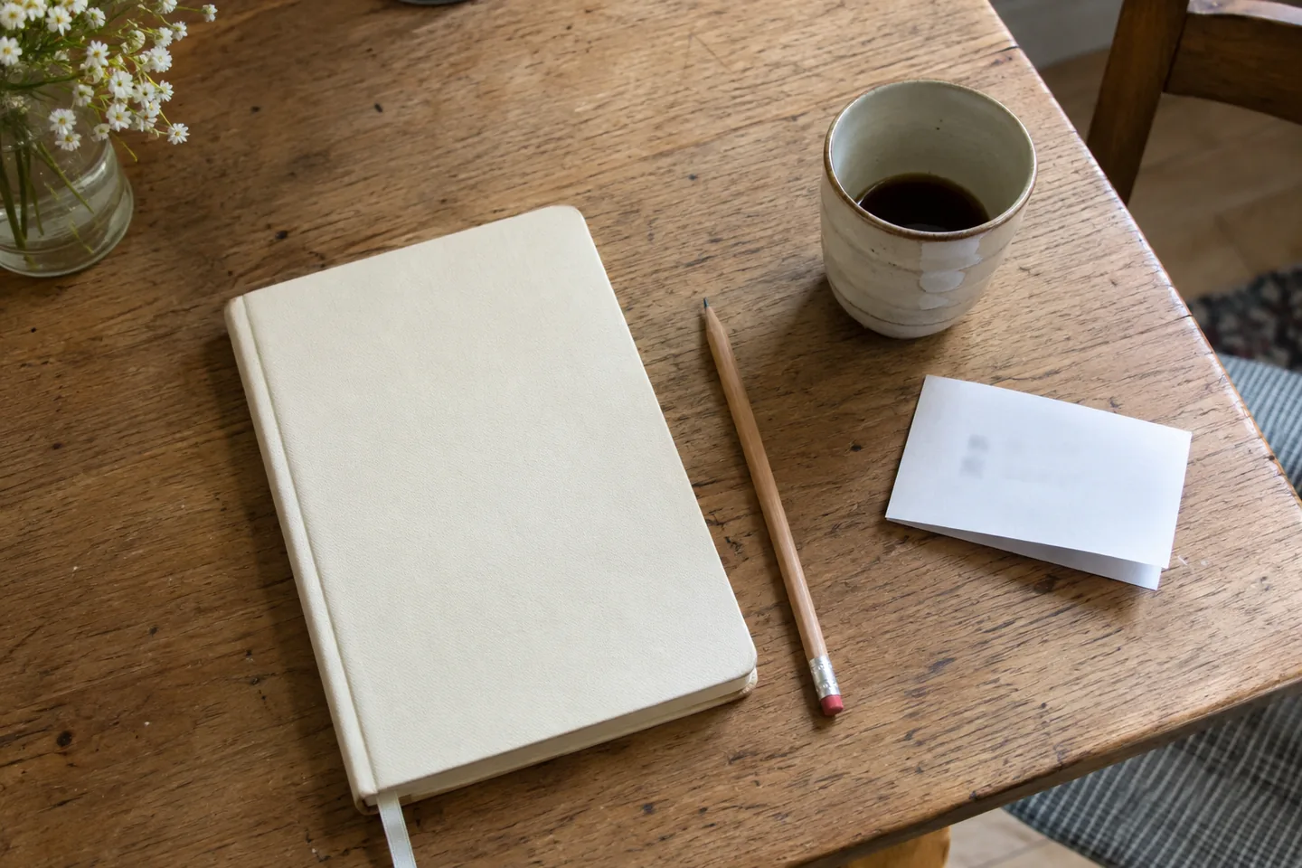 Carnet crème fermé, crayon, tasse et papier plié sur une table en bois.