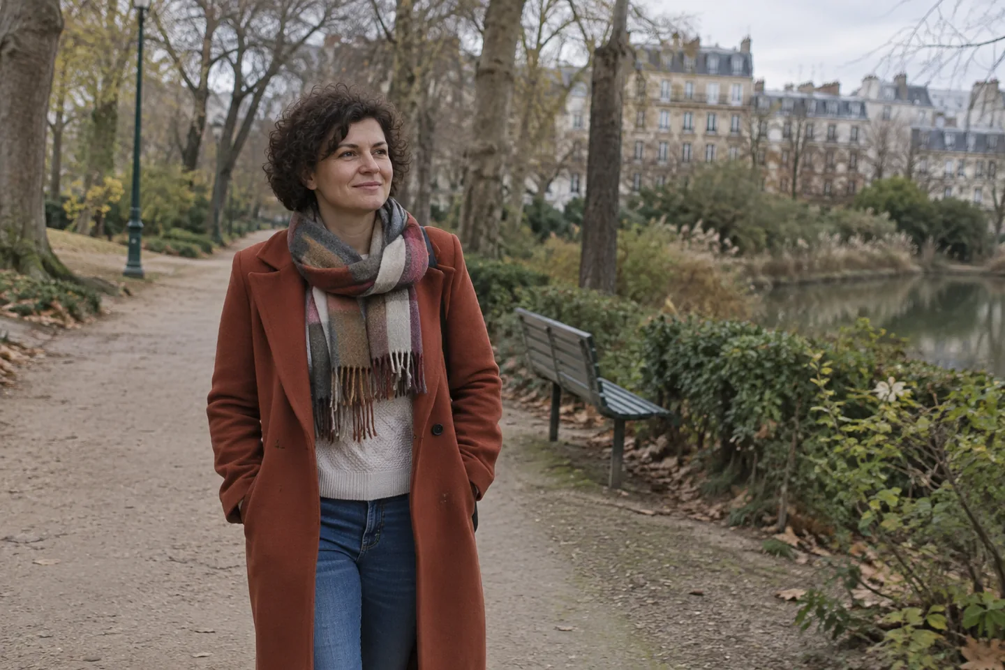 Femme en manteau rouille marchant sur un chemin arboré, sans casque ni téléphone.