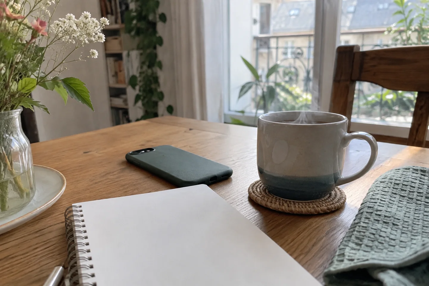 Un téléphone posé écran retourné près d’un carnet et d’une tasse sur une table.