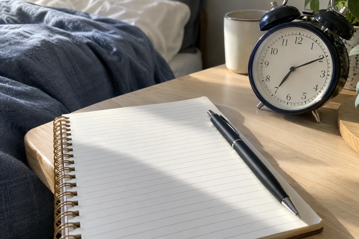 Un carnet ouvert, un stylo et un réveil sur une table éclairée le matin.