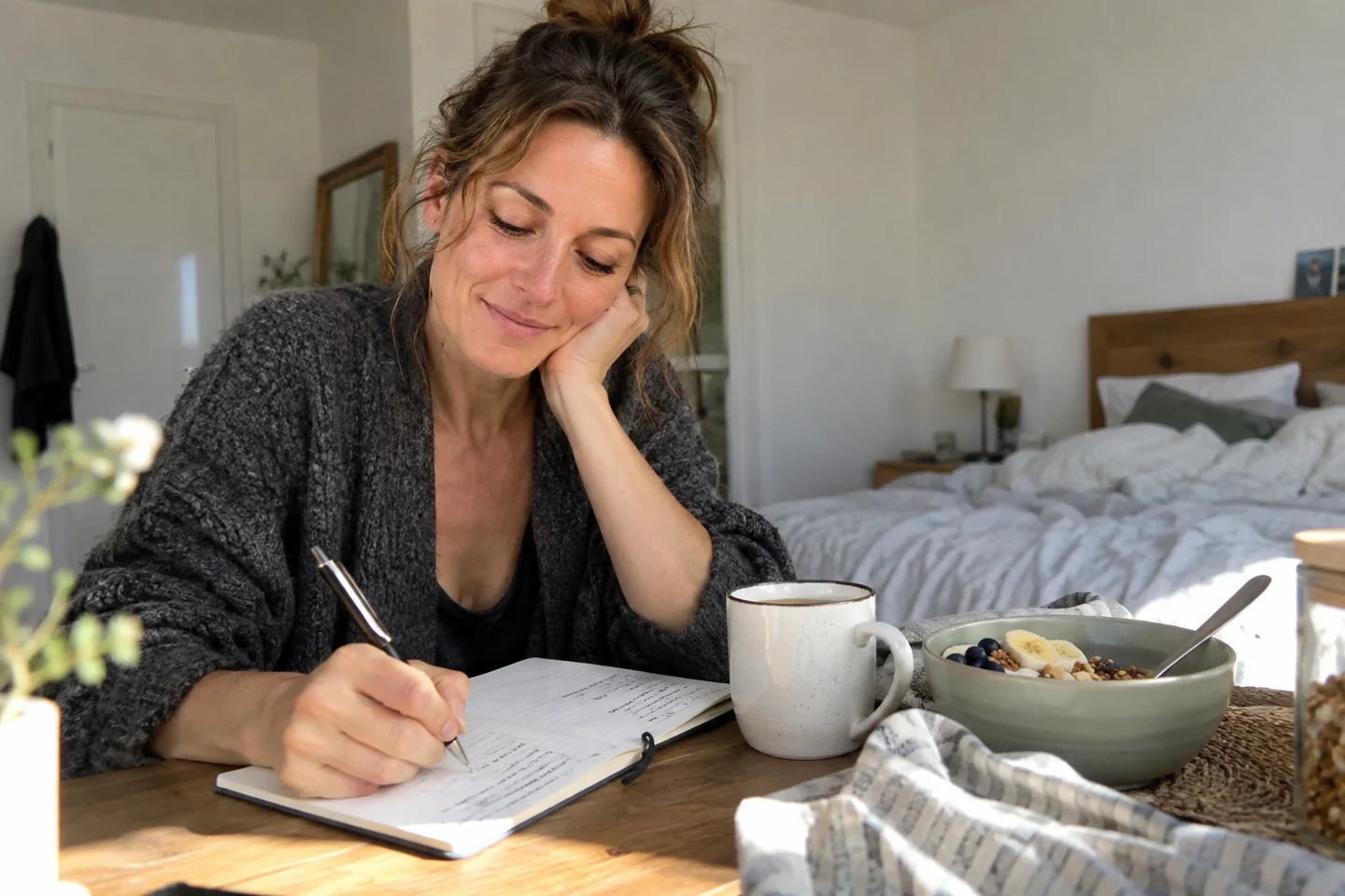 Une femme écrit une note au petit déjeuner dans la lumière du matin.