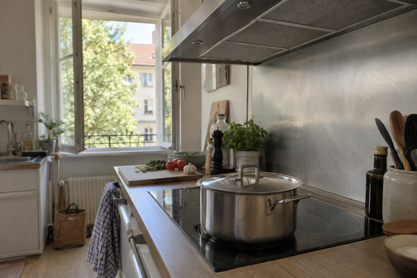 Une cuisine avec casserole couverte et fenêtre ouverte à l’arrière-plan.