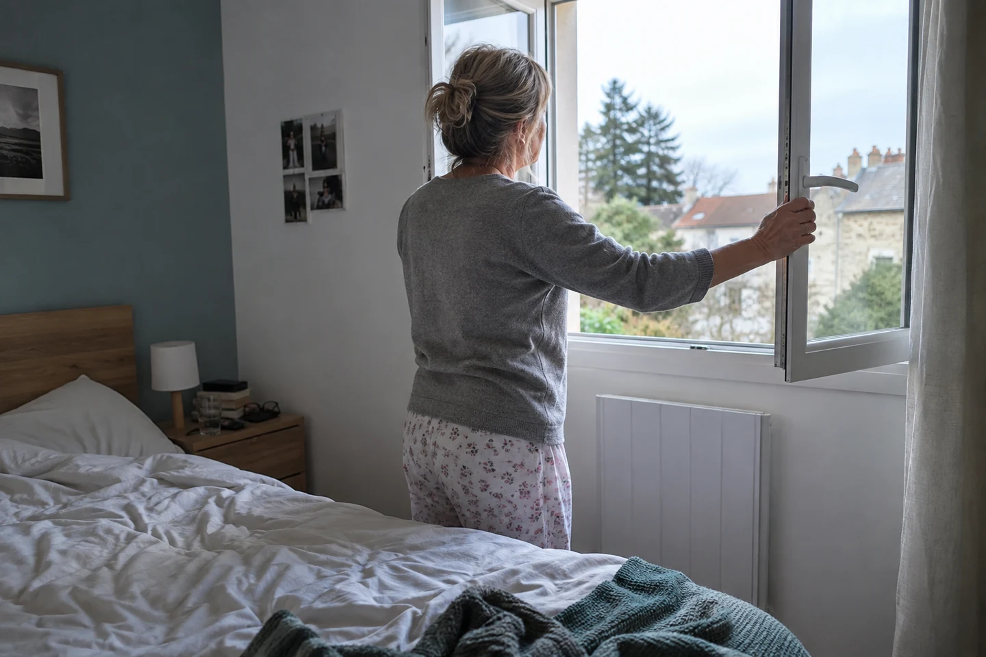 Une femme ouvre la fenêtre d’une chambre au matin.