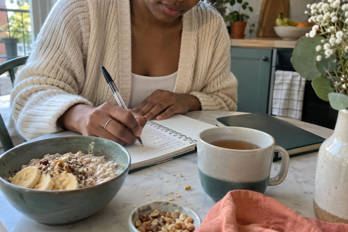 Les mains d’une jeune femme écrivent dans un carnet à spirale sur une table de cuisine, à côté d’un bol de flocons d’avoine et d’un thé.