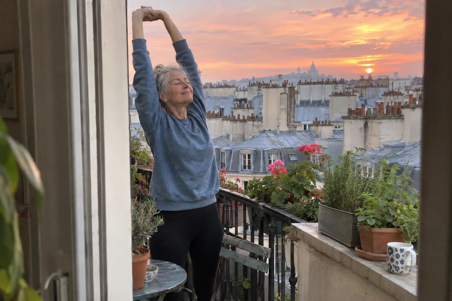 Une femme aux cheveux argentés s’étire les bras au-dessus de la tête sur un petit balcon fleuri, au lever du jour.