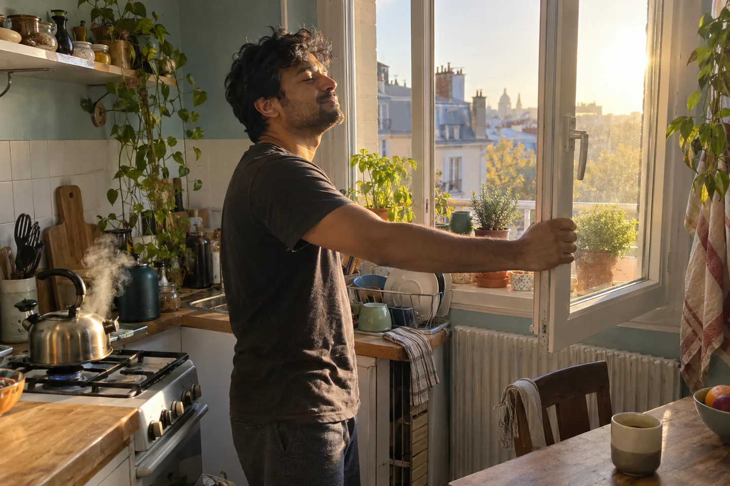 Un homme ouvre la fenêtre de sa cuisine au lever du soleil et laisse la lumière du matin lui arriver au visage.