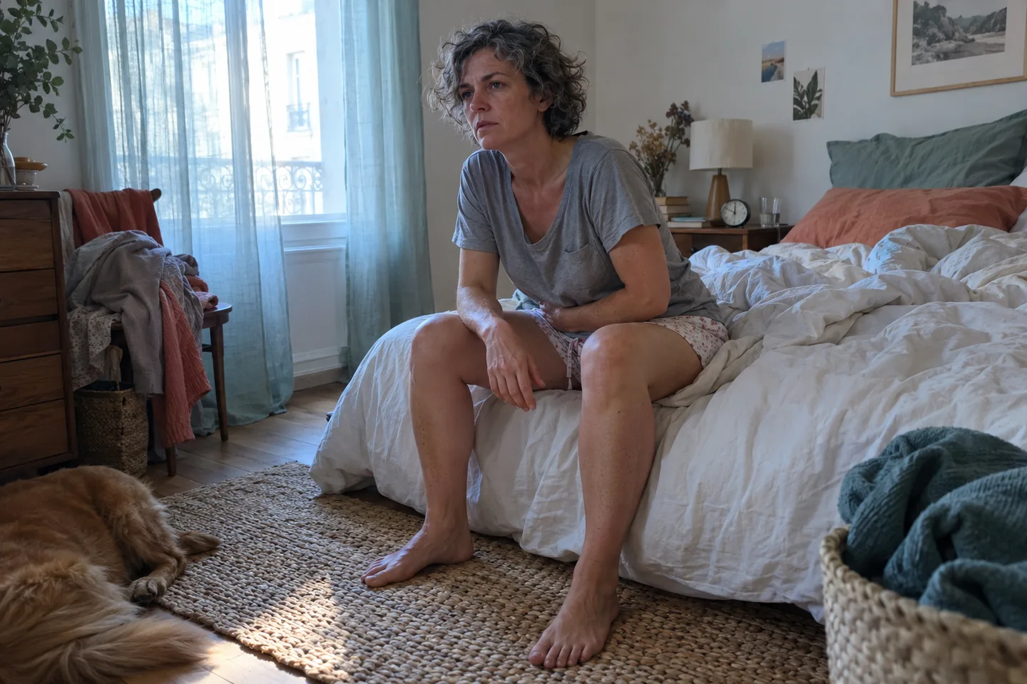 À l’aube, une femme assise au bord de son lit, les pieds sur le tapis, une main pressée contre le ventre.