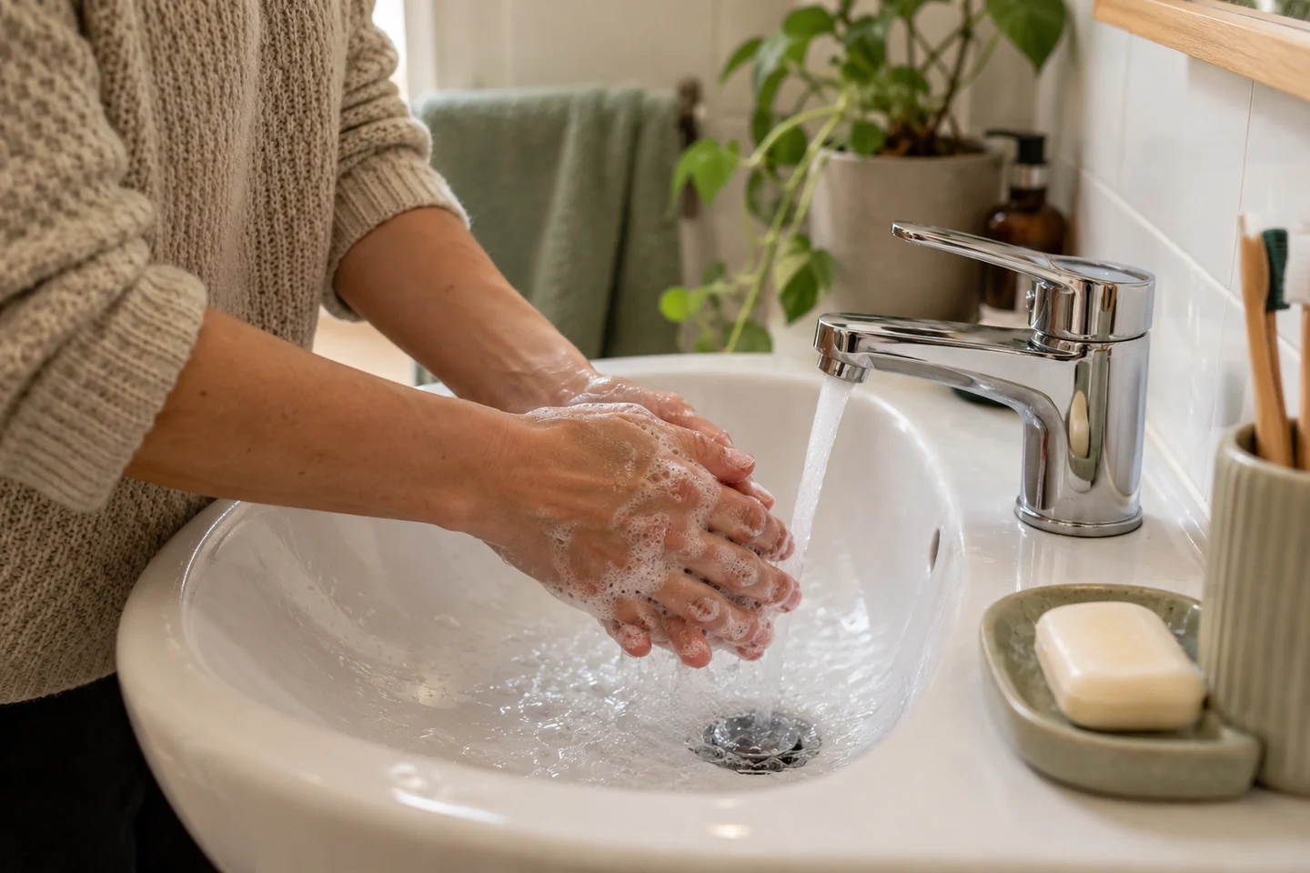 Lavage des mains à un lavabo, sans instrument de nettoyage des oreilles