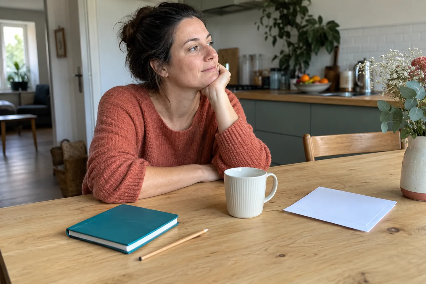 Femme en pull rouille assise près d’un carnet bleu-vert, d’une tasse et d’un papier.