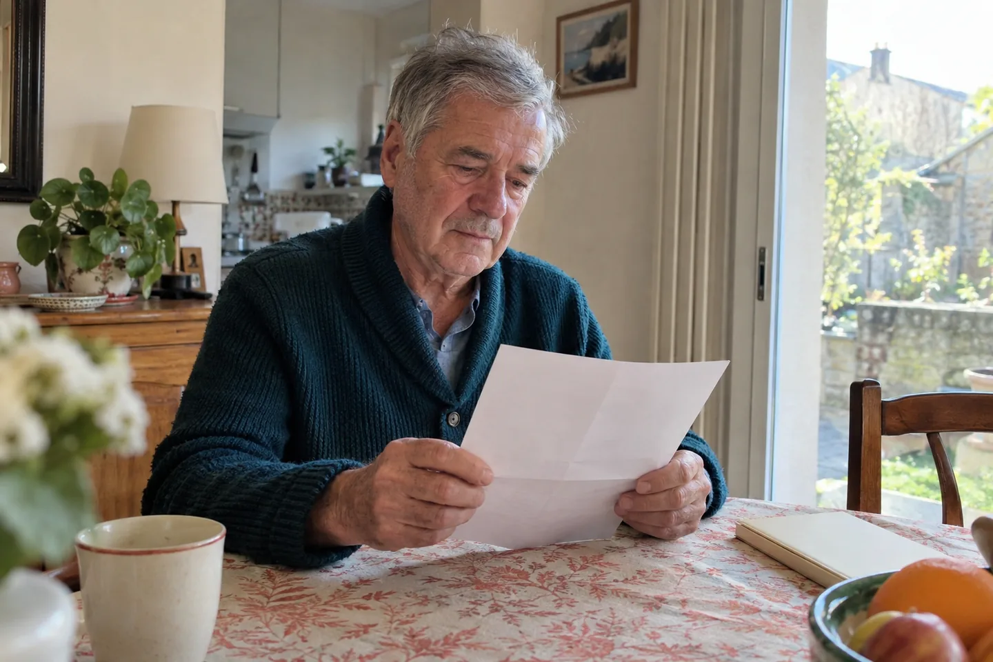 Homme en gilet bleu-vert lisant un papier près d’un carnet fermé.