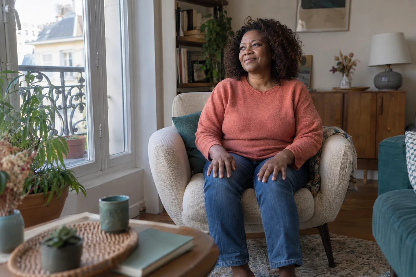 Femme en pull corail assise dans un fauteuil, les mains posées sur les cuisses.