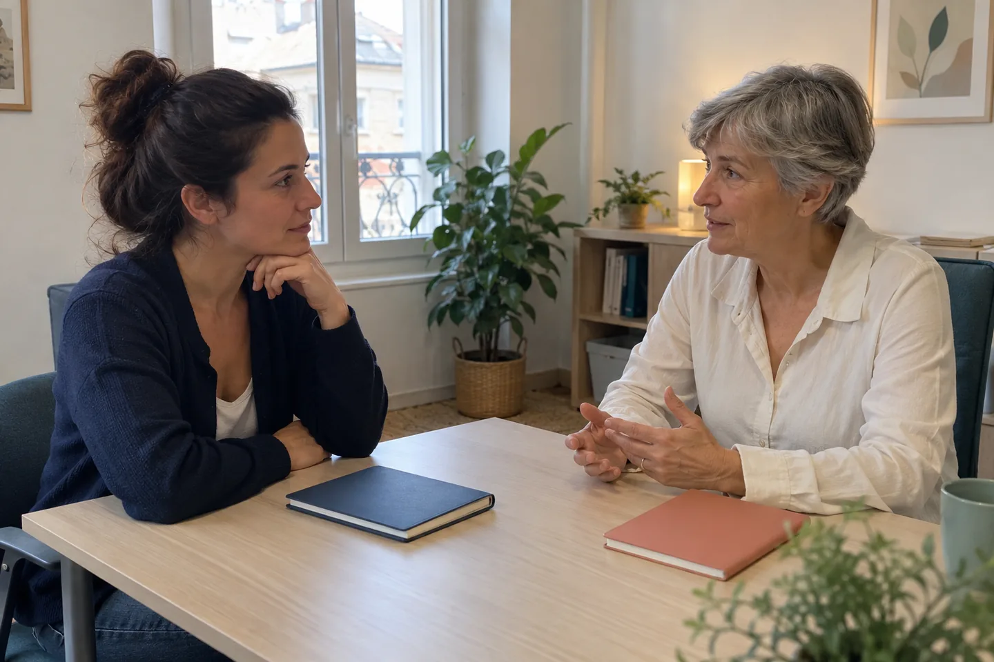 Deux femmes échangent devant des carnets fermés, dans une pièce claire.
