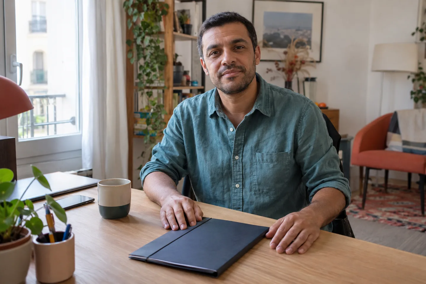 Homme en chemise bleu-vert assis devant un dossier fermé à une table.