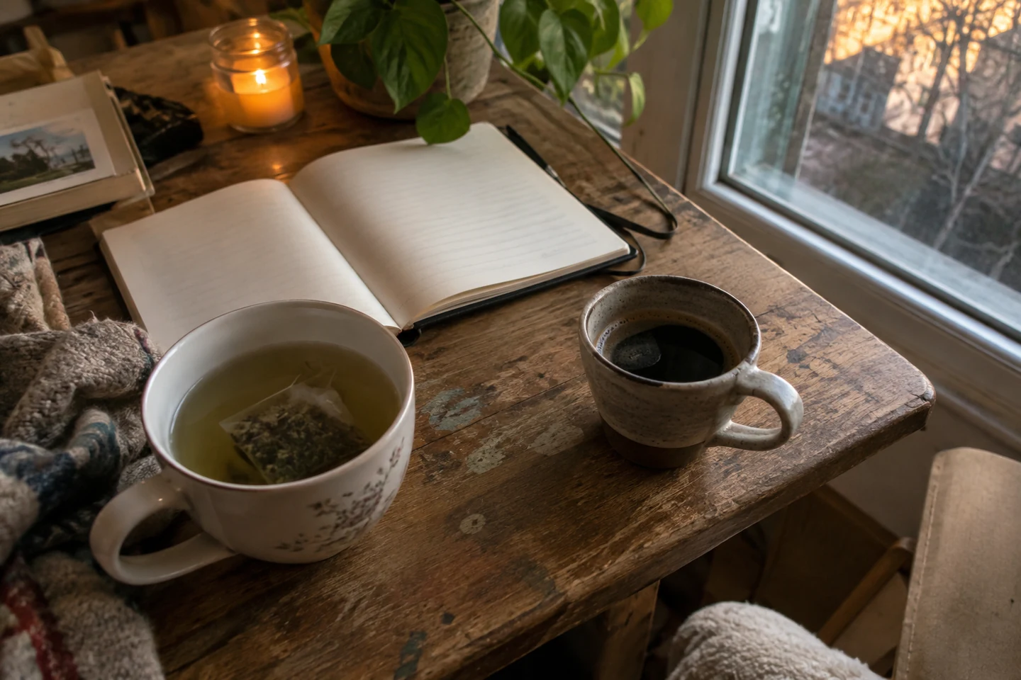 Deux tasses et un carnet sur une table près de la fenêtre.