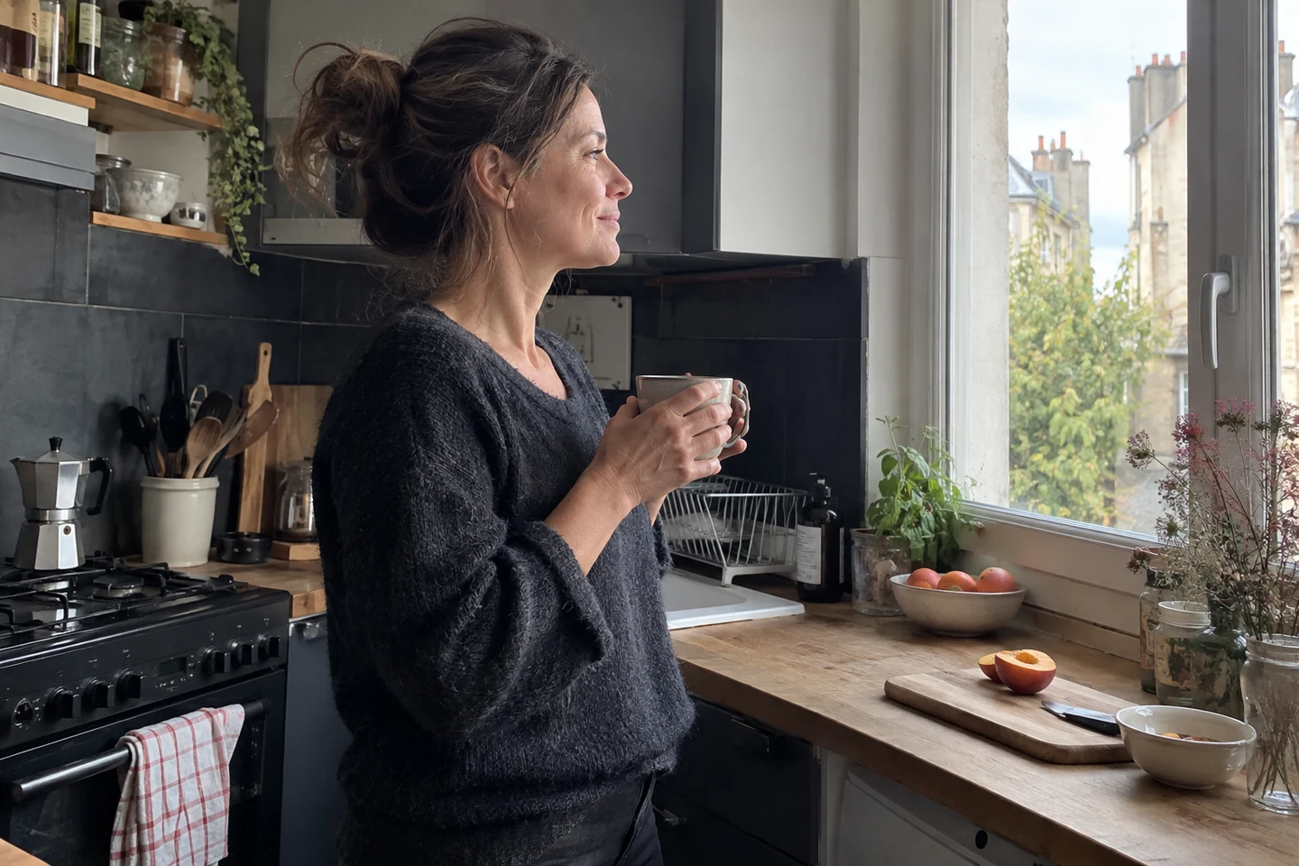Une femme prend un café dans une cuisine éclairée par la lumière du matin.