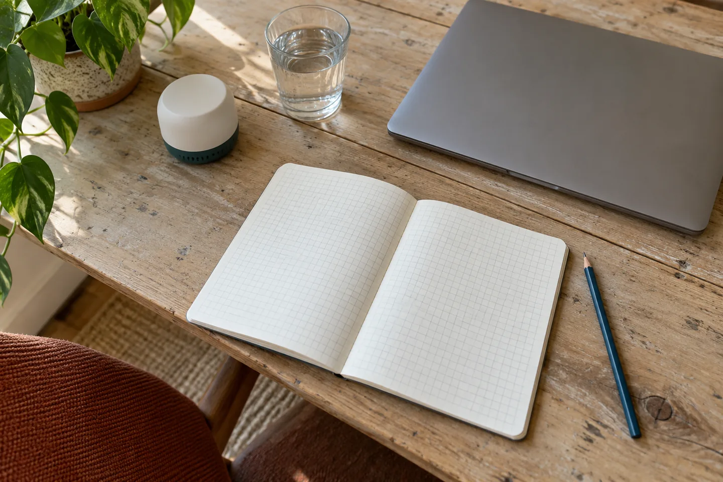 Carnet quadrillé sans texte, crayon, ordinateur fermé et appareil retourné sur une table.