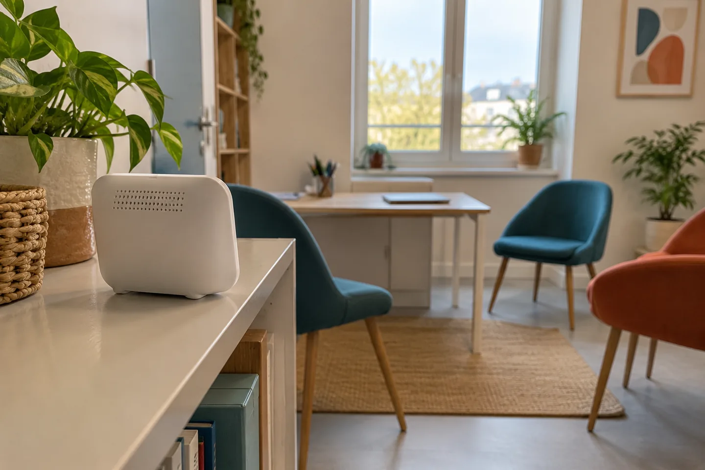 Petit appareil posé sur une étagère dégagée dans un bureau vide.