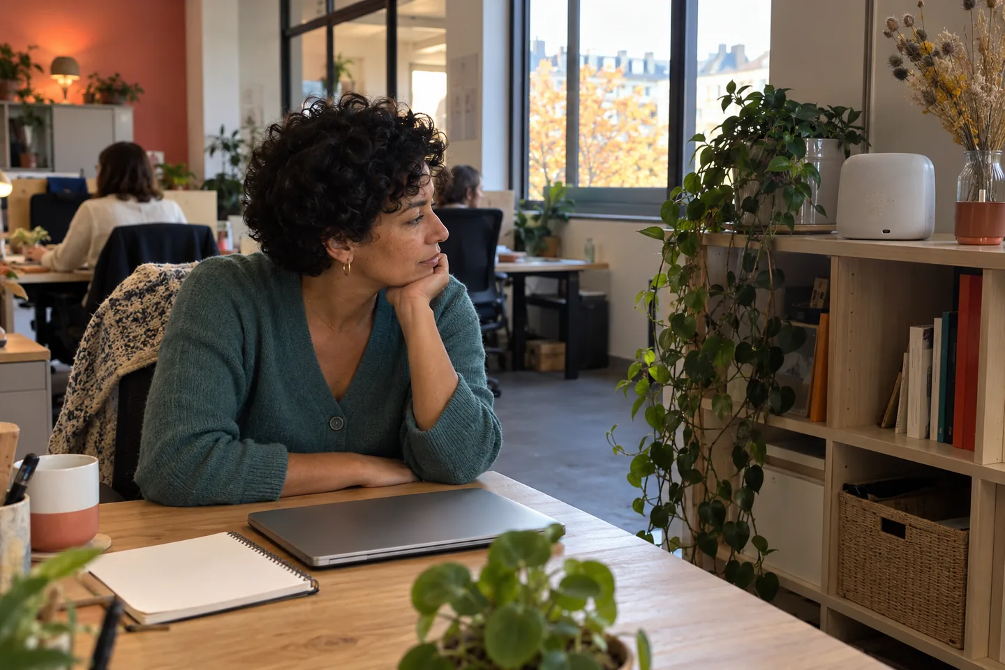 Femme assise dans un bureau, regardant un petit appareil posé sur une étagère.