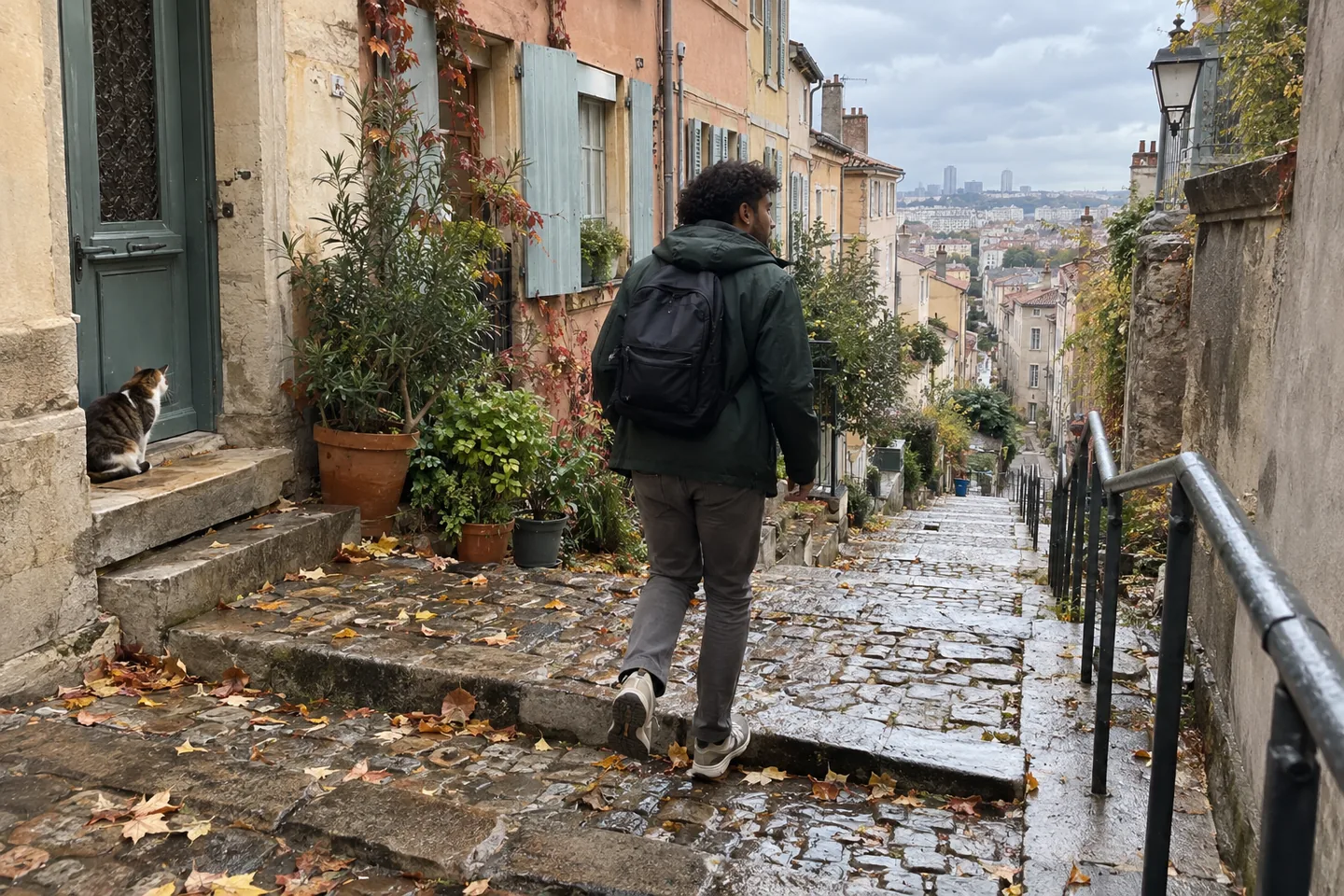 Un jeune homme en veste de pluie verte monte d’un bon pas une rue en escaliers d’un quartier ancien.