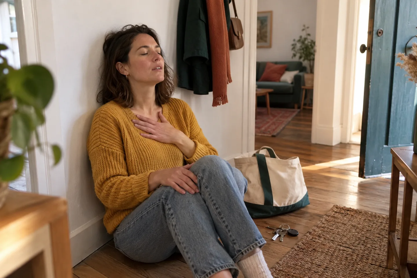 Une femme assise par terre dans l’entrée de son appartement, dos au mur, une main sur la poitrine, expire lentement.