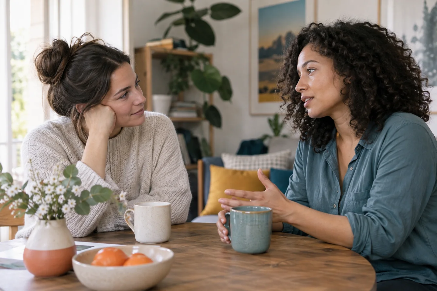 Deux amies discutent tranquillement autour d’une table, dans une lumière naturelle.