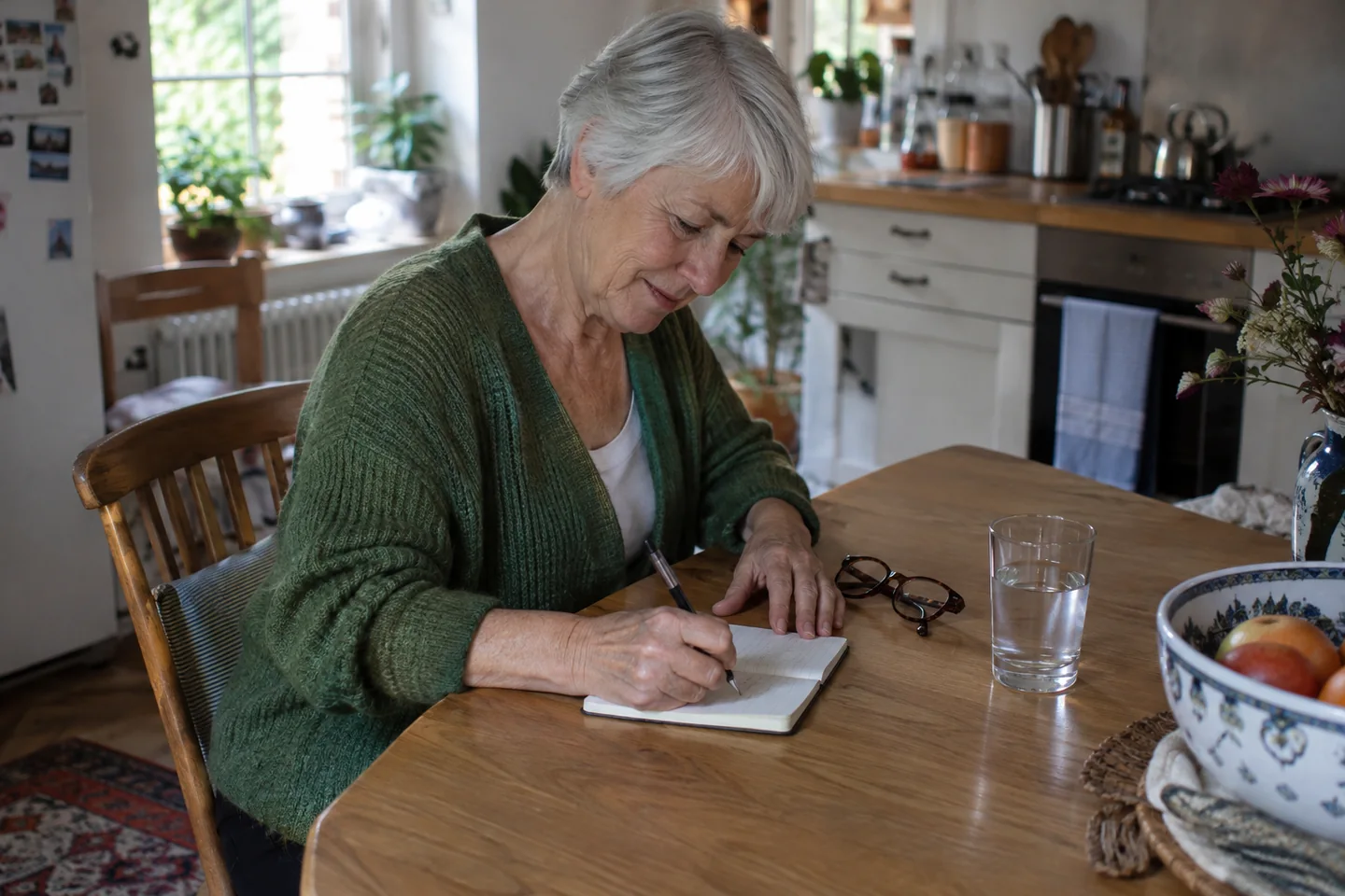 Femme aux cheveux gris écrivant dans un carnet, avec ses lunettes posées sur la table.