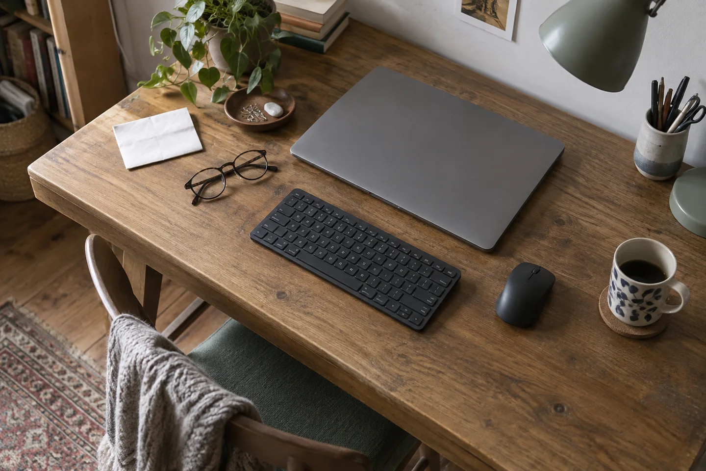 Ordinateur portable fermé, clavier, souris et lunettes sur un bureau en bois.