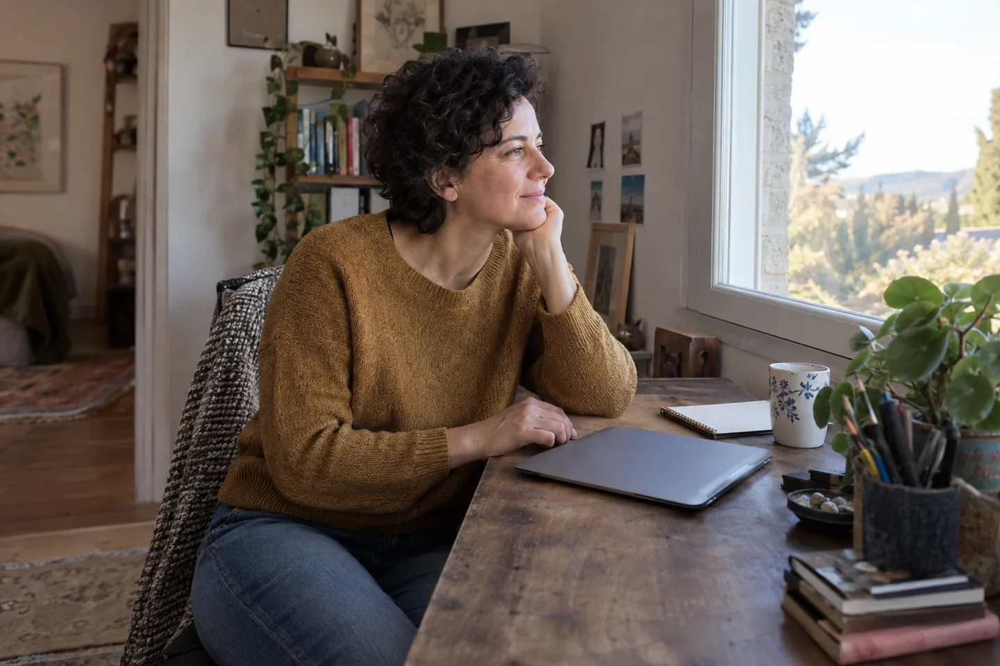 Femme en pull ocre regardant dehors, avec un ordinateur fermé sur le bureau.
