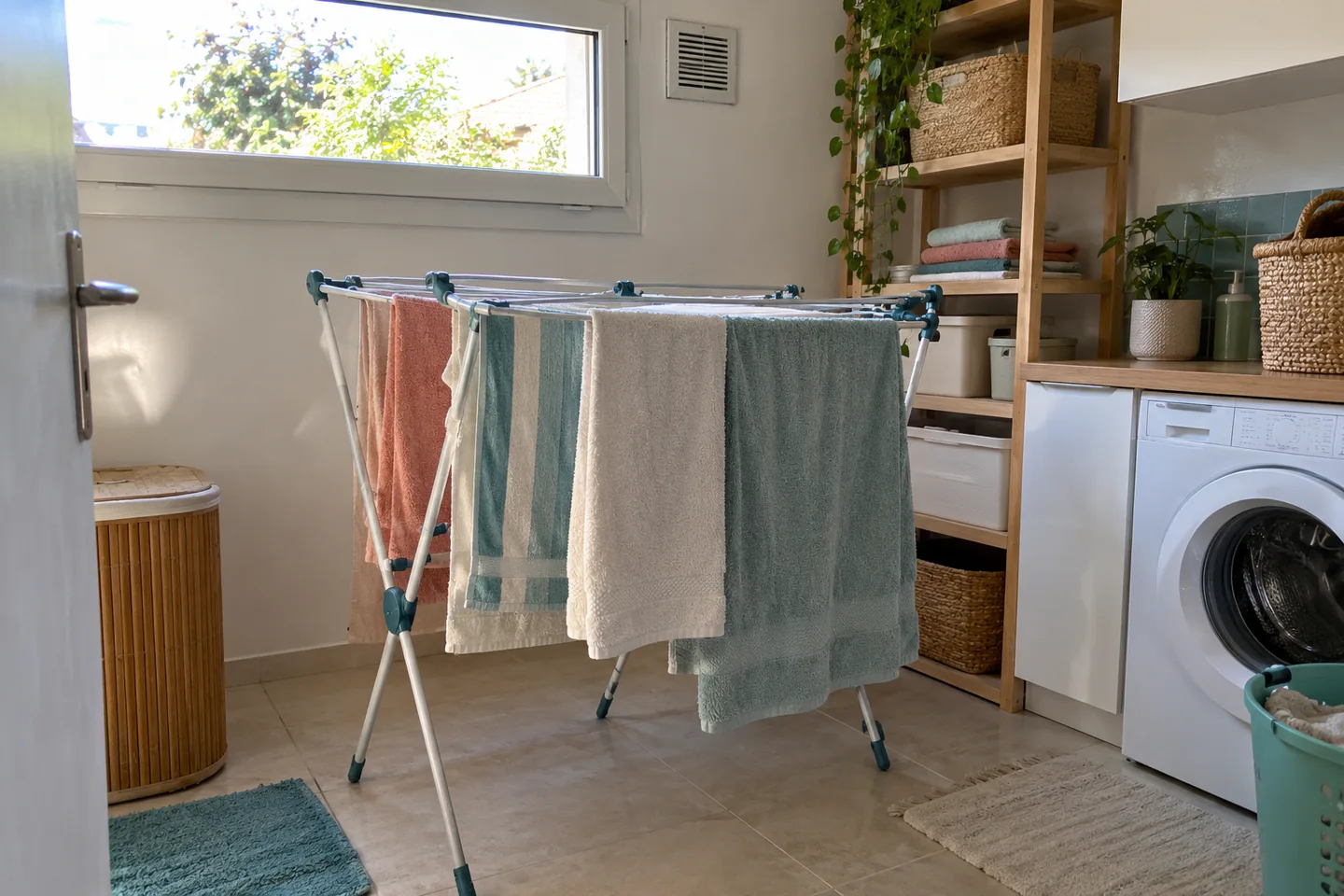 Du linge suspendu sur un étendoir dans une buanderie lumineuse.