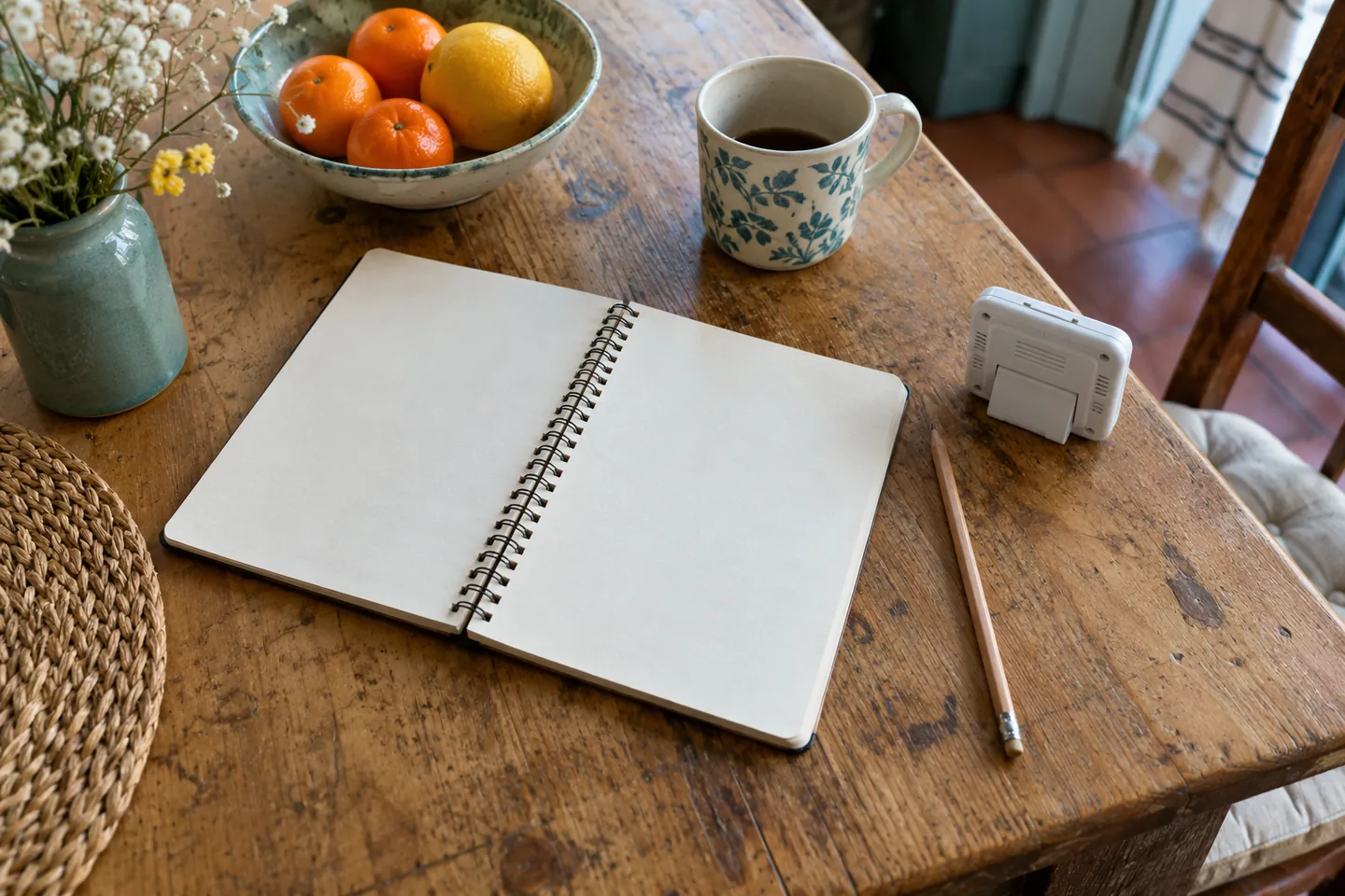 Un carnet ouvert et un crayon à côté d’un petit appareil de mesure, sans données lisibles.