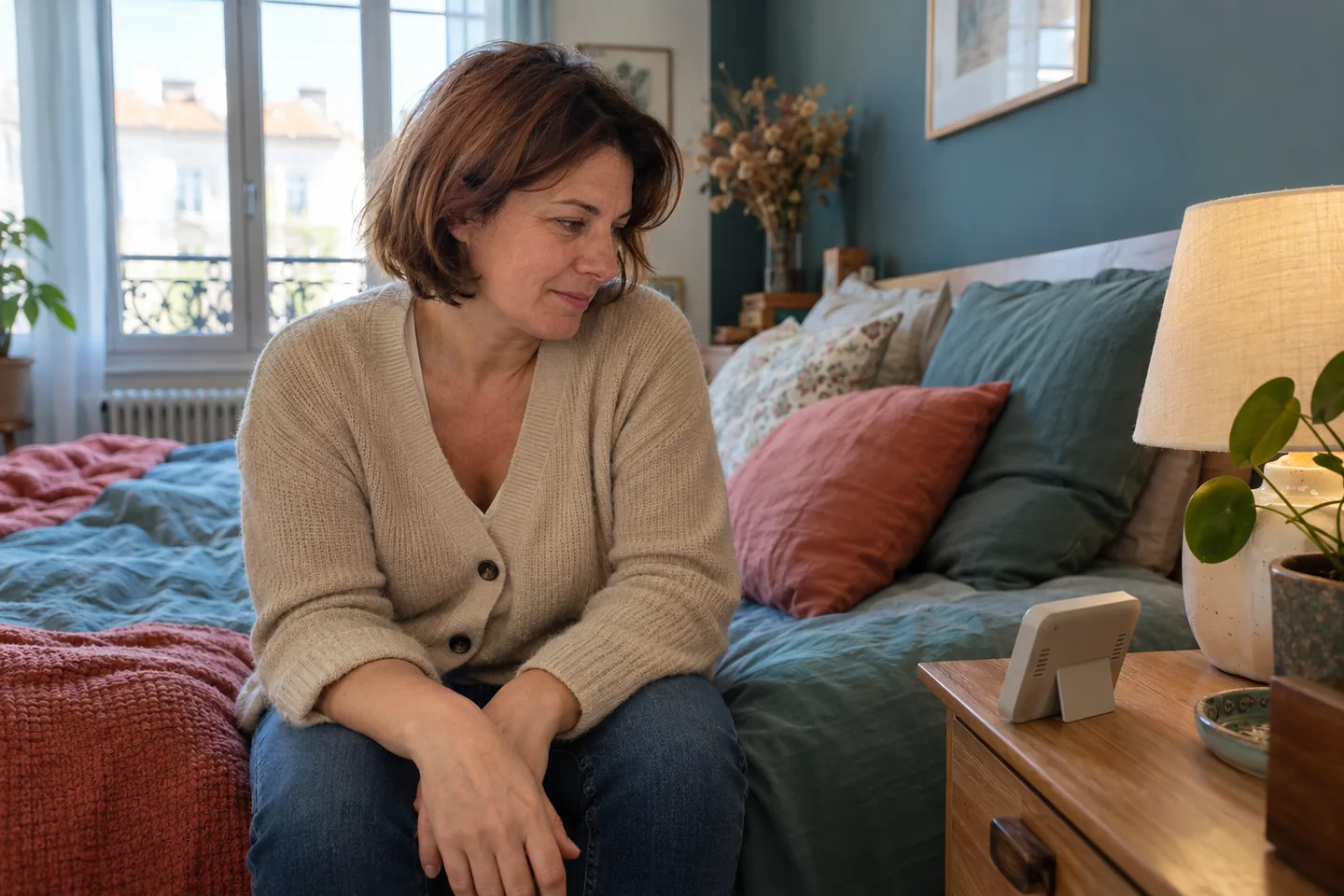 Une femme consulte un petit appareil posé sur une table de chevet, écran tourné hors du cadre.