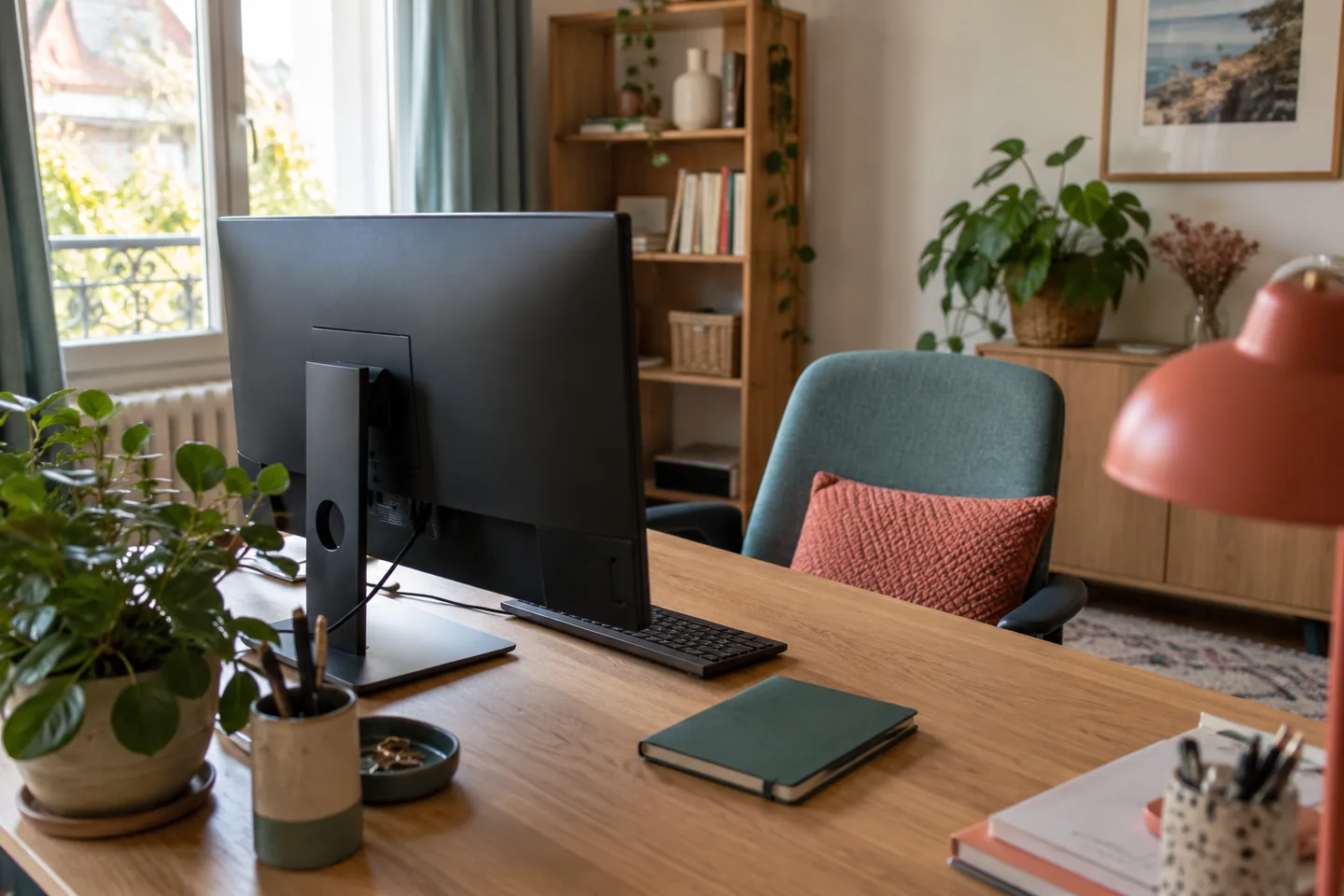 Un bureau simple avec un ordinateur vu de dos et une lumière latérale.