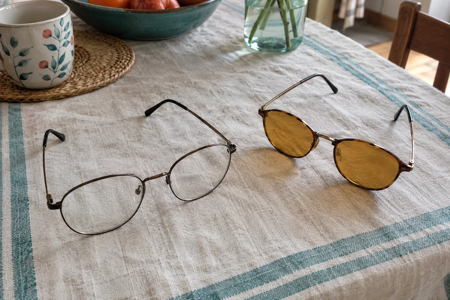Deux paires de lunettes, une à verres clairs et une à verres ambrés, sur un linge.
