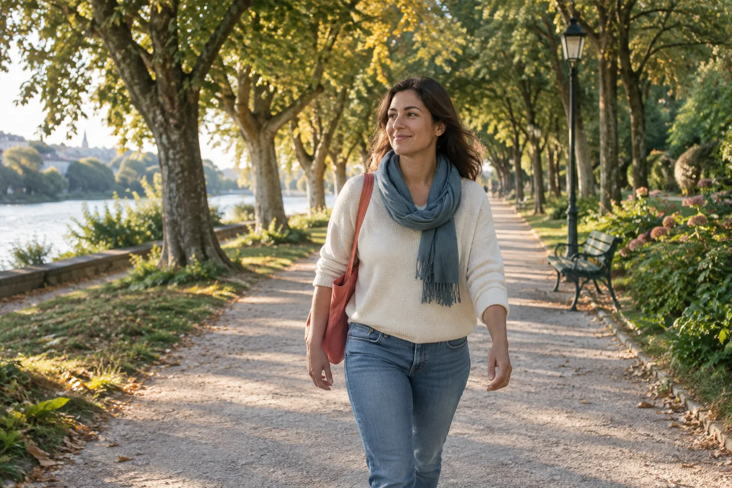 Une personne marche tranquillement dans un parc arboré en fin d’après-midi.