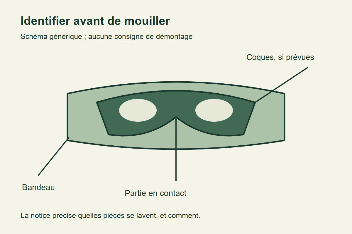 Schéma générique des parties à identifier dans la notice : bandeau, zone de contact et éventuelles coques