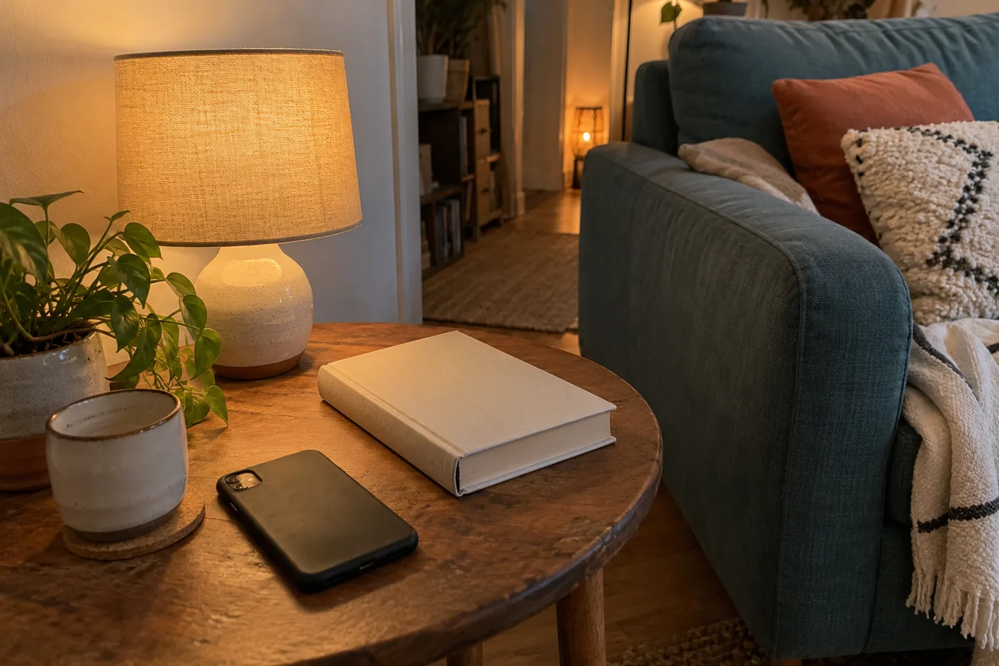 Téléphone posé face cachée près d’un livre et d’une lampe