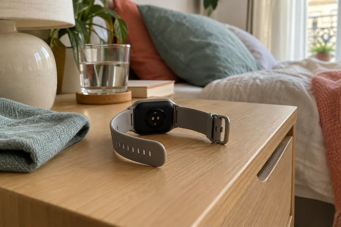 Le dos d’une montre générique et son bracelet ouvert reposent sur une table, sans marque ni résultat.