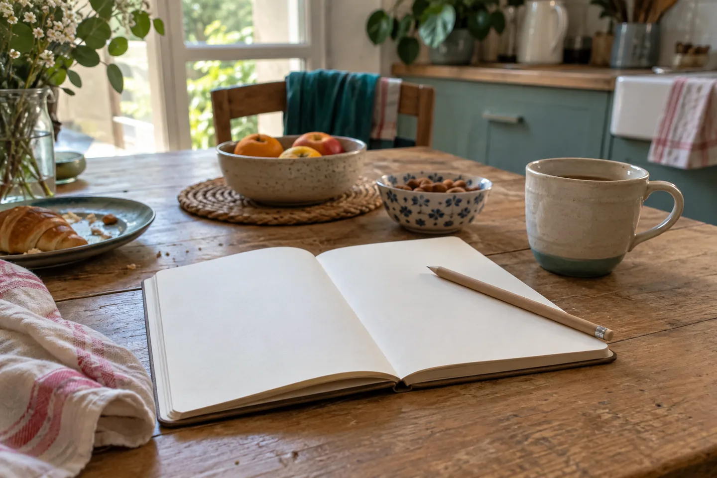 Un carnet vierge et un crayon sont posés près d’une tasse sur une table de cuisine.