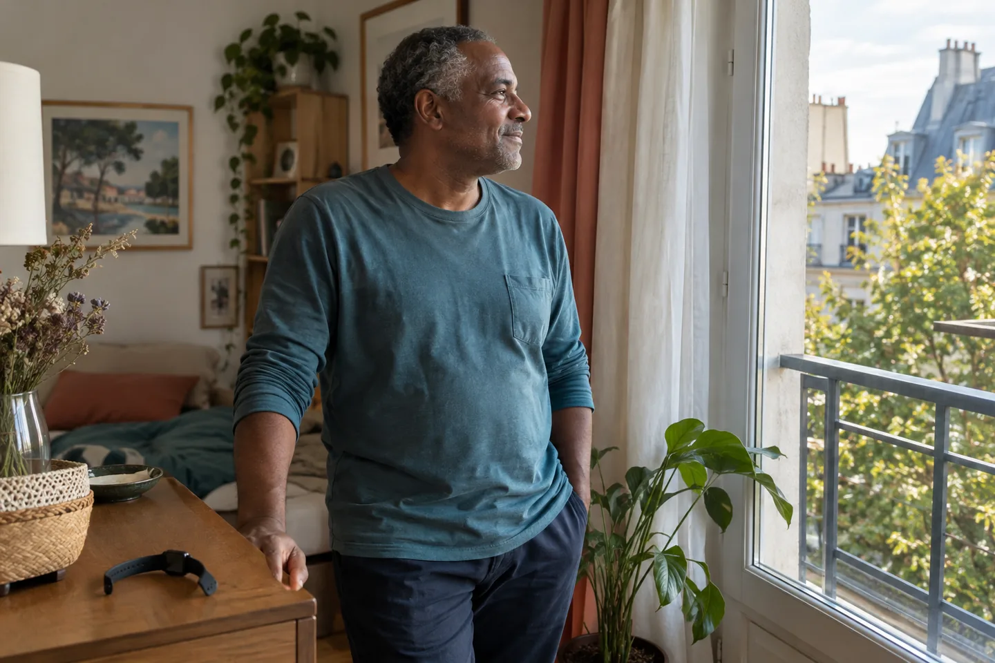Un homme regarde dehors près d’une fenêtre, sa montre posée retournée sur la commode.