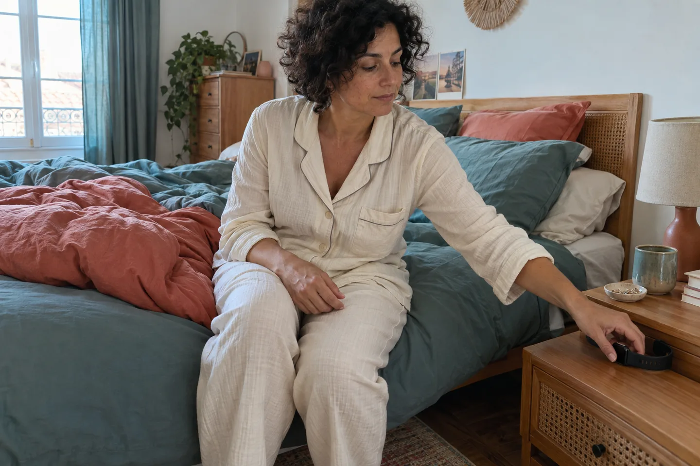 Une adulte assise près de son lit pose sa montre sur la table au petit matin, sans écran visible.