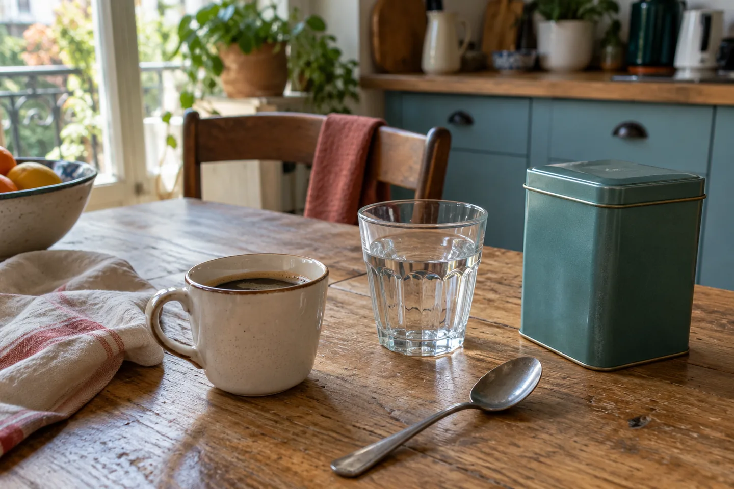 Petite tasse de café, verre d’eau et boîte à thé fermée sur une table.