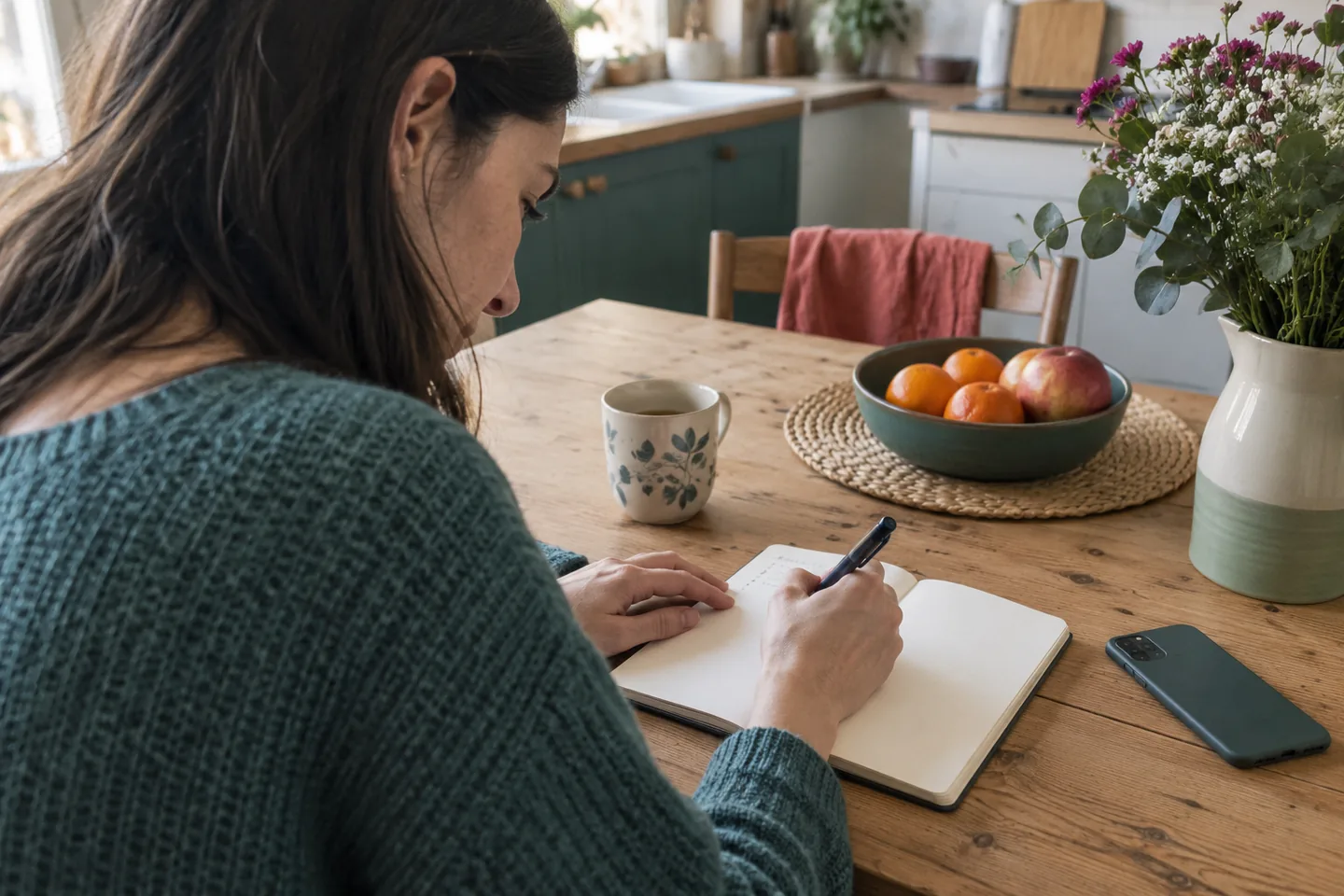 Femme écrivant quelques mots dans un carnet, téléphone posé face contre la table.