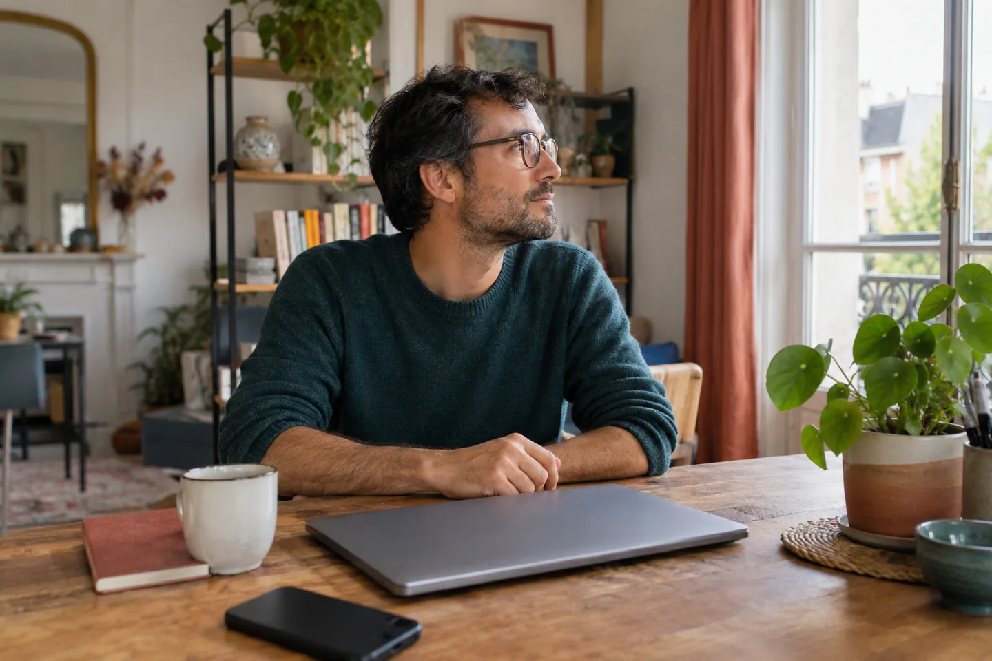 Homme devant un ordinateur fermé, tourné vers la fenêtre de son bureau.