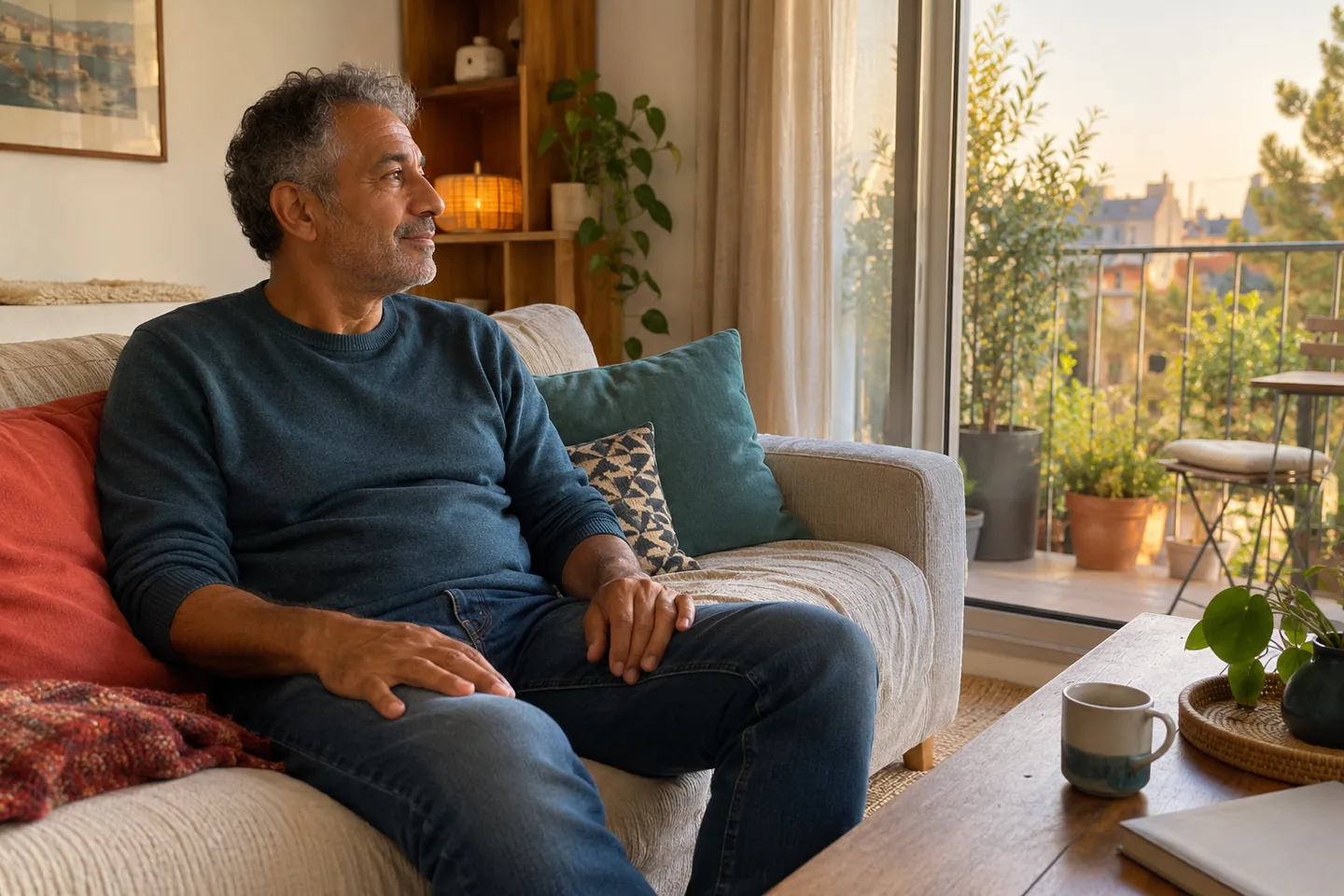 Homme assis confortablement dans un salon, les mains posées sur les cuisses.