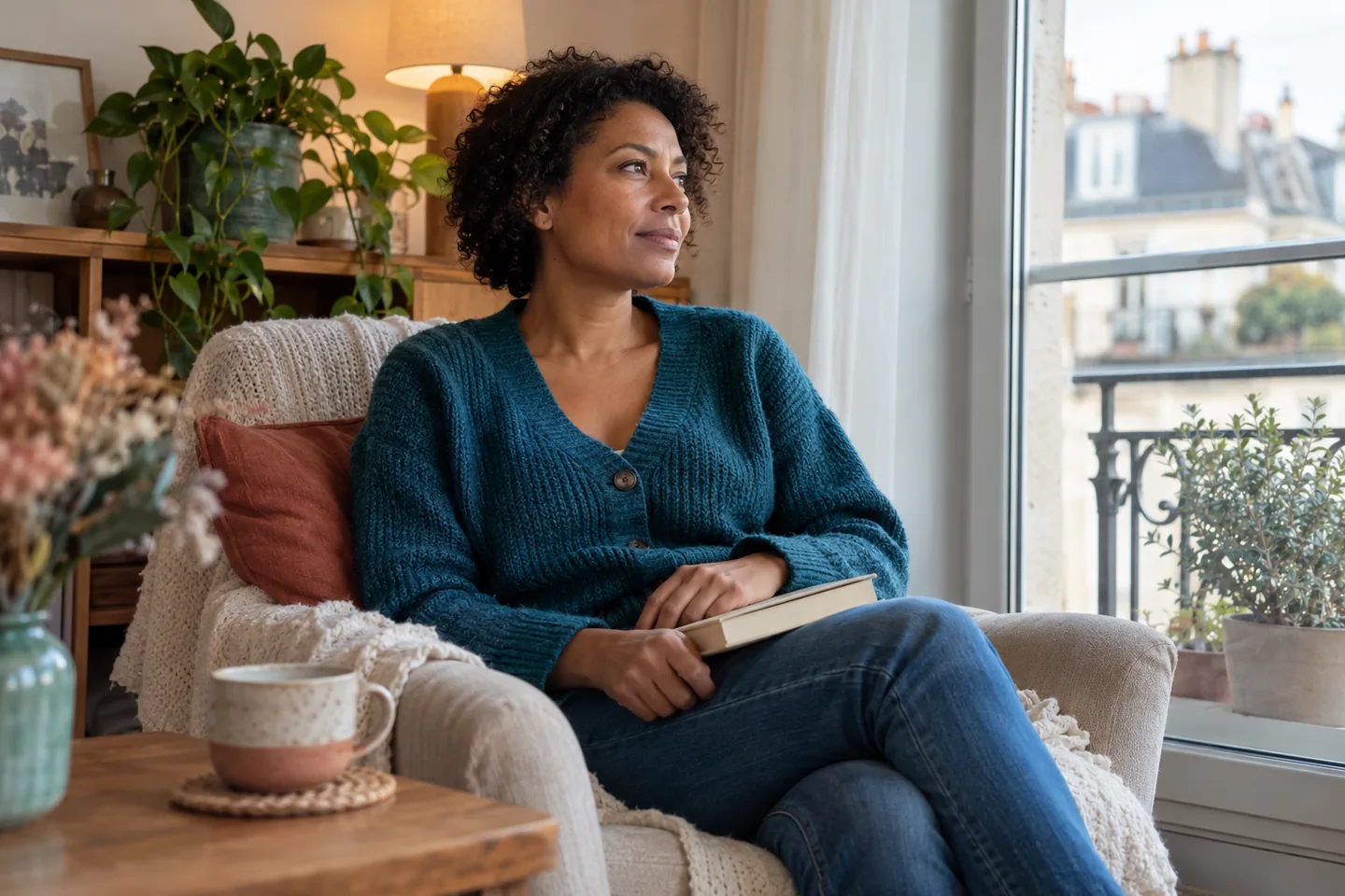 Femme assise près d’une fenêtre, regardant au loin avec un livre fermé sur les genoux.