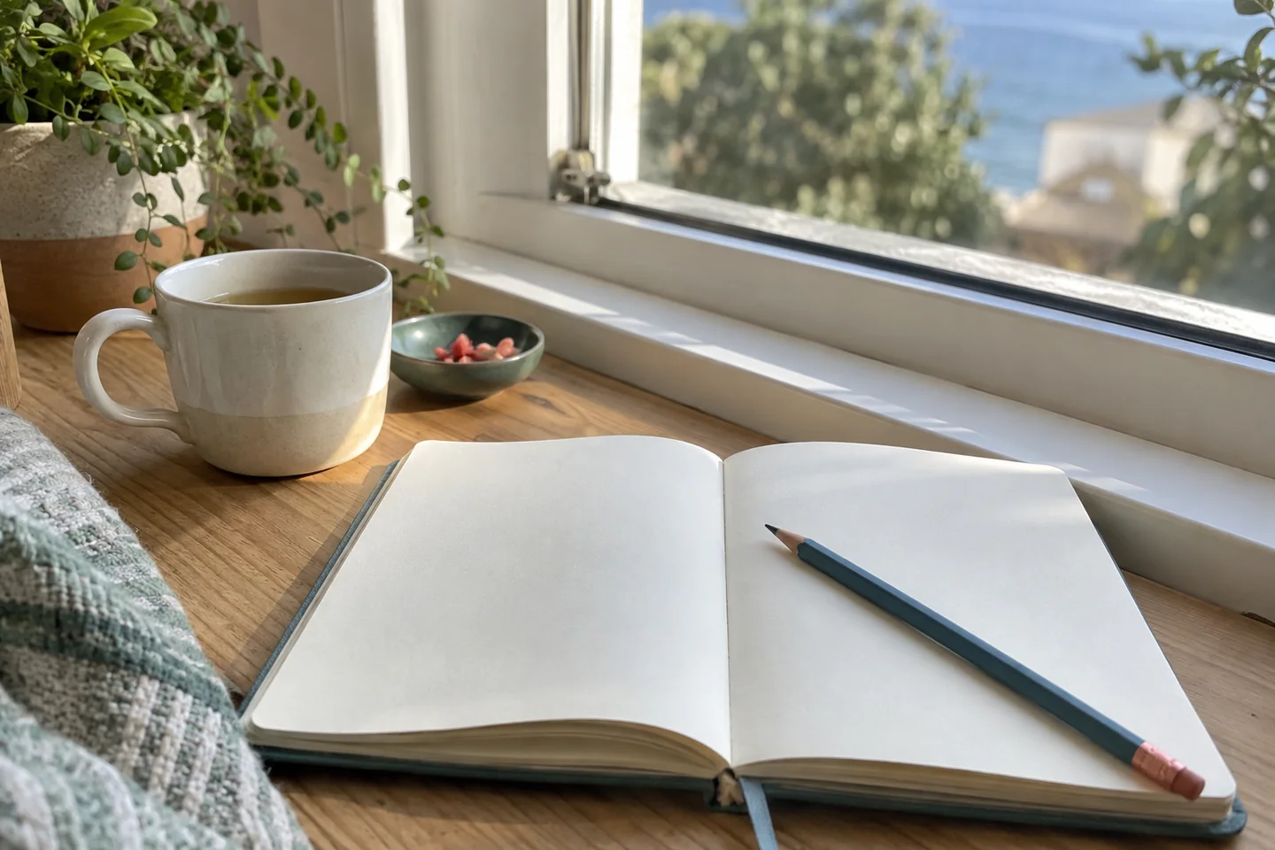 Un carnet ouvert avec une liste courte, un crayon et une tasse près d’une fenêtre.