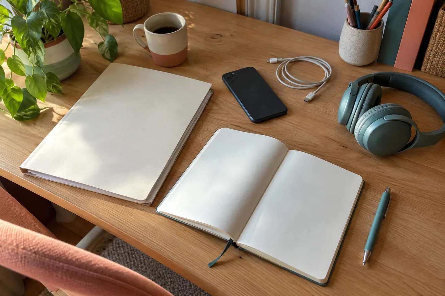 Dossier fermé, carnet sans texte, chargeur et casque posés sur une table.