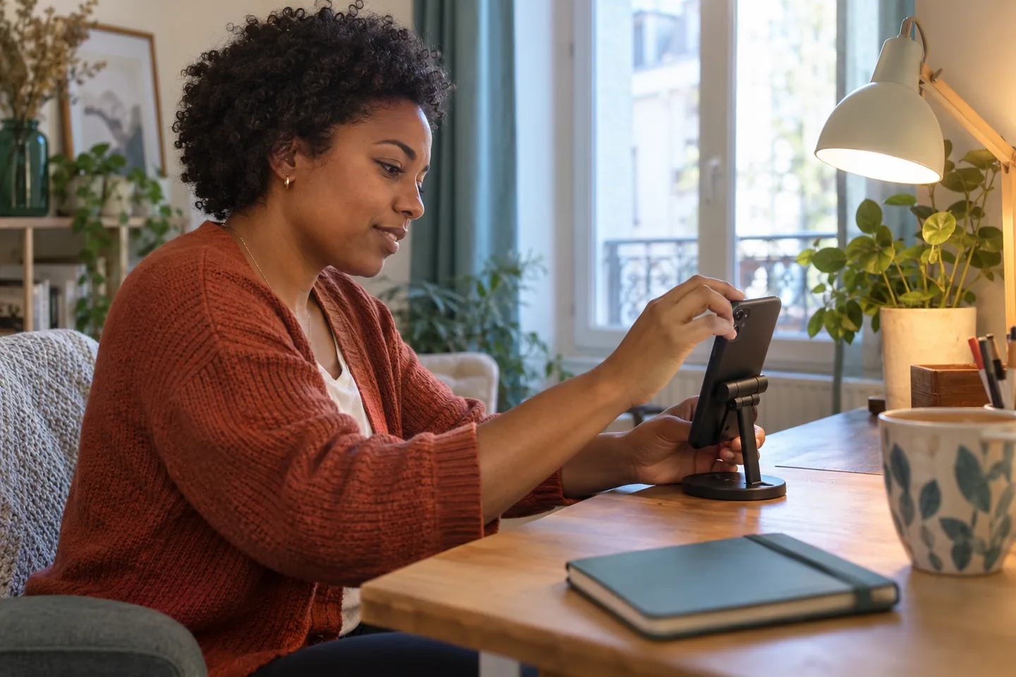 Femme plaçant un téléphone sur un support stable près d’un carnet.